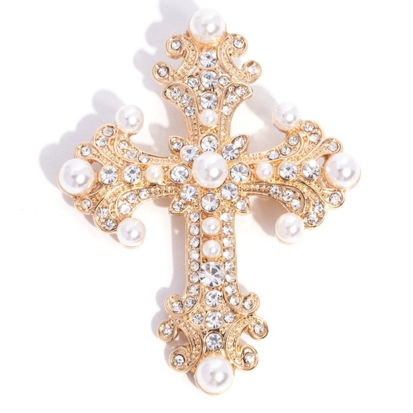 Jewelry - Elegant Gold and Pearl Cross Brooch